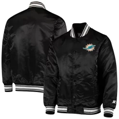 Men's Starter Black Miami Dolphins Locker Room Satin Varsity Full-Snap Jacket