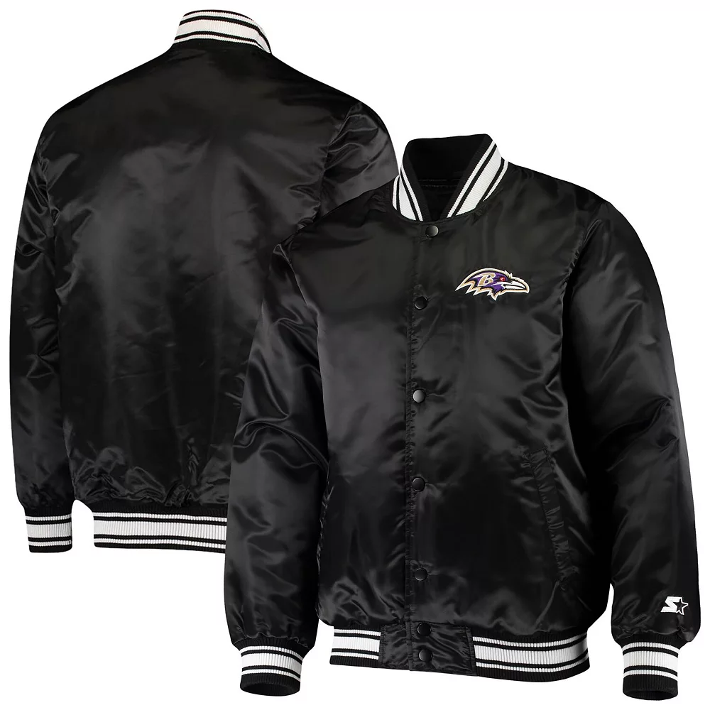 Men's Starter Black Baltimore Ravens Locker Room Satin Varsity Full-Snap Jacket 4 Men's Starter Black Baltimore Ravens Locker Room Satin Varsity Full-Snap Jacket - Image 2