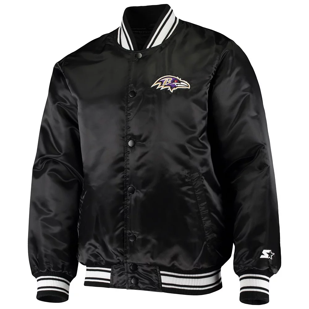 Men's Starter Black Baltimore Ravens Locker Room Satin Varsity Full-Snap Jacket 5 Men's Starter Black Baltimore Ravens Locker Room Satin Varsity Full-Snap Jacket - Image 3