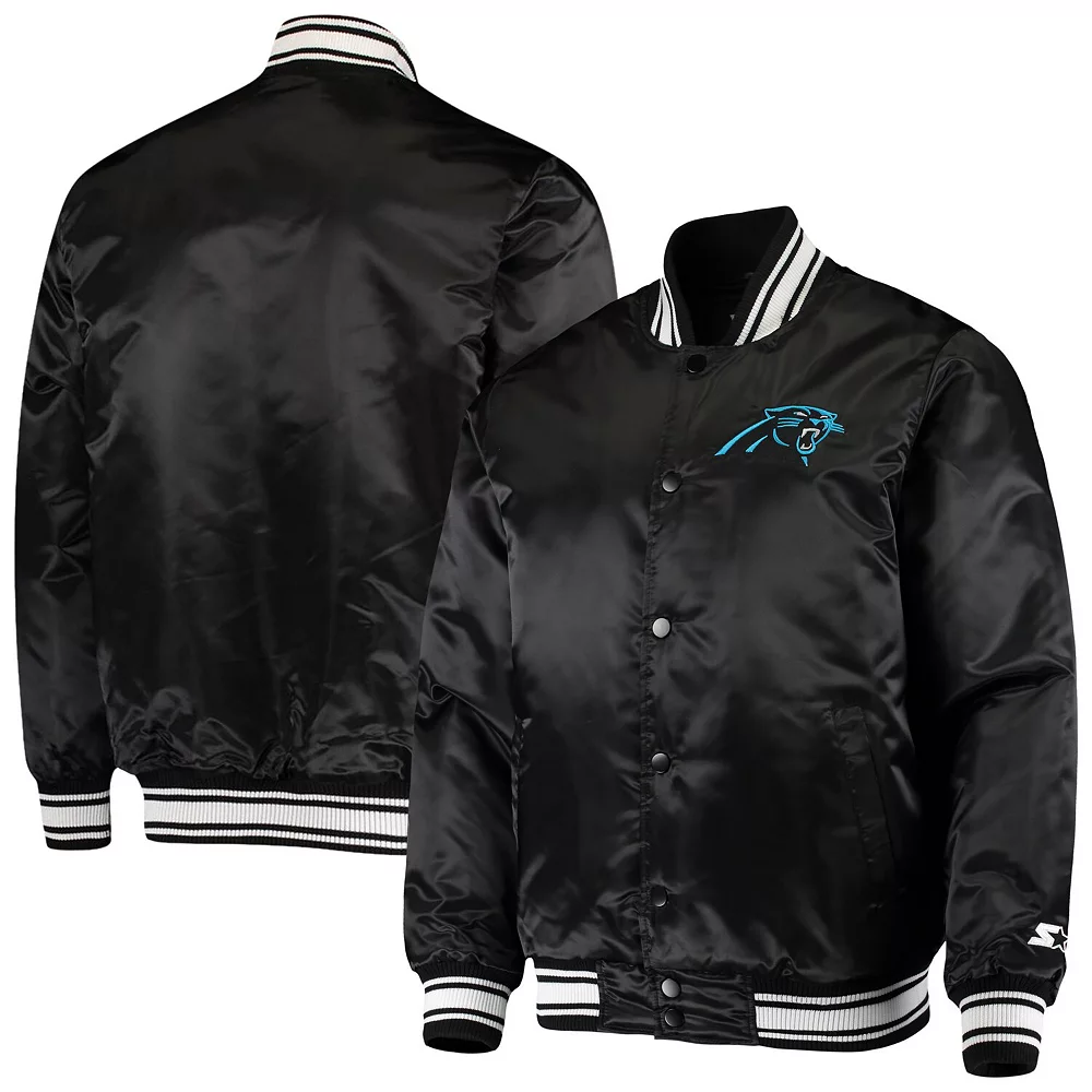 Men's Starter Black Carolina Panthers Locker Room Satin Varsity Full-Snap Jacket 3 Men's Starter Black Carolina Panthers Locker Room Satin Varsity Full-Snap Jacket