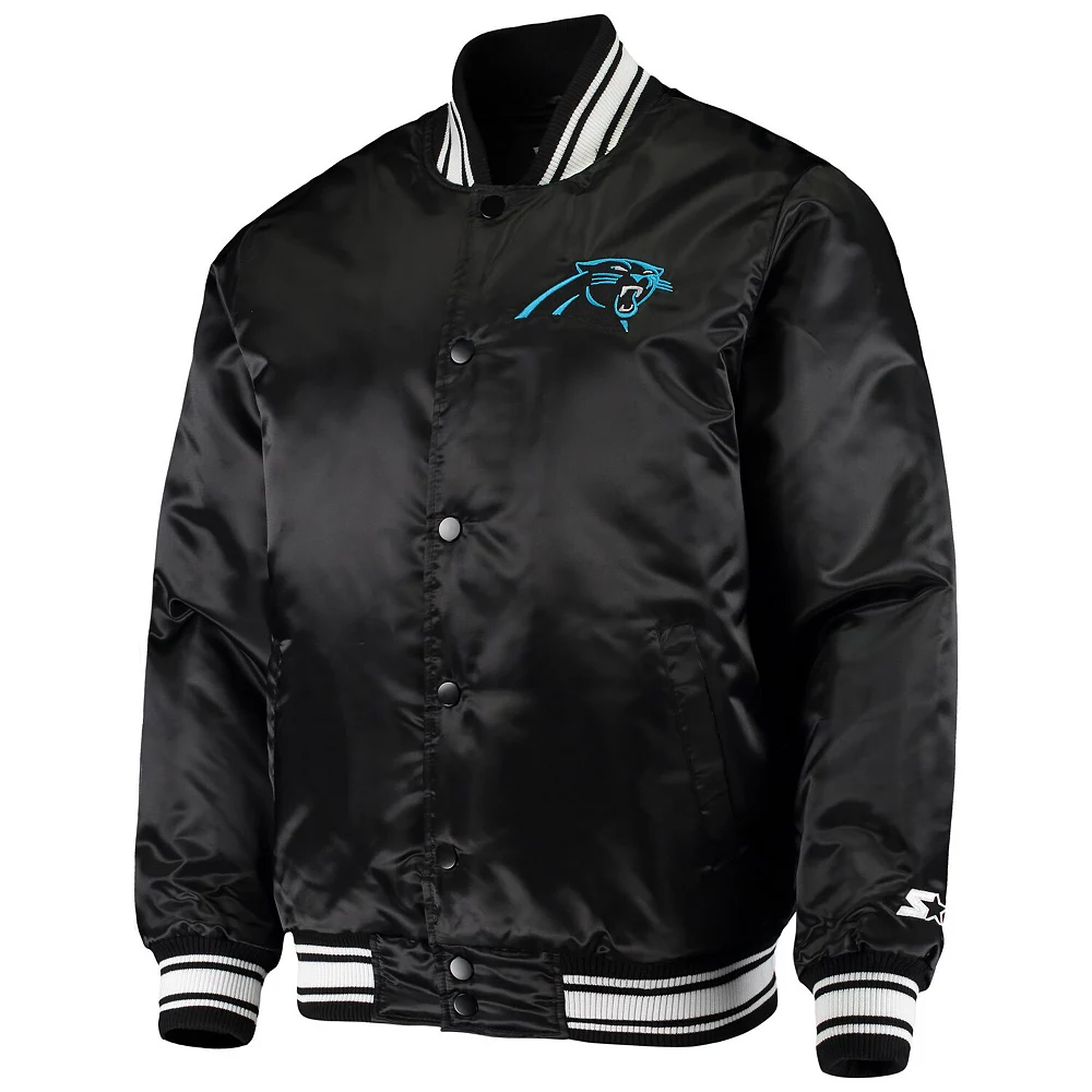 Men's Starter Black Carolina Panthers Locker Room Satin Varsity Full-Snap Jacket 4 Men's Starter Black Carolina Panthers Locker Room Satin Varsity Full-Snap Jacket - Image 2