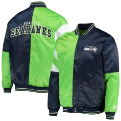 Men's Starter College Navy/Neon Green Seattle Seahawks Leader Varsity Satin Full-Snap Jacket