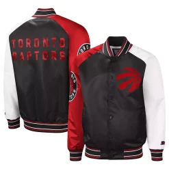 Men's Starter Black/Red Toronto Raptors Reliever Varsity Satin Raglan Full-Snap Jacket
