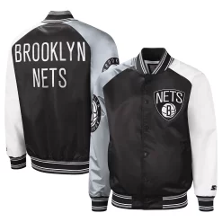 Men's Starter Black/Gray Brooklyn Nets Reliever Varsity Satin Raglan Full-Snap Jacket