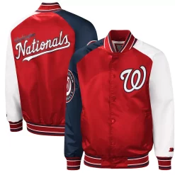 Men's Starter Red/Navy Washington Nationals Reliever Varsity Satin Raglan Full-Snap Jacket