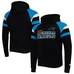 Men's Starter Black Carolina Panthers Draft Fleece Raglan Pullover Hoodie