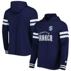 Men's Starter Navy Seattle Kraken Offense Long Sleeve Hoodie T-Shirt