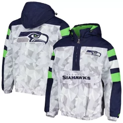 Men's Starter White/College Navy Seattle Seahawks Thursday Night Gridiron Raglan Half-Zip Hooded Jacket