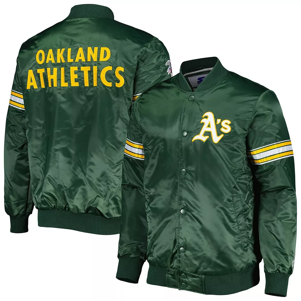 Men's Starter Green Oakland Athletics Pick & Roll Satin Varsity Full-Snap Jacket 4 Men's Starter Green Oakland Athletics Pick & Roll Satin Varsity Full-Snap Jacket - Image 2
