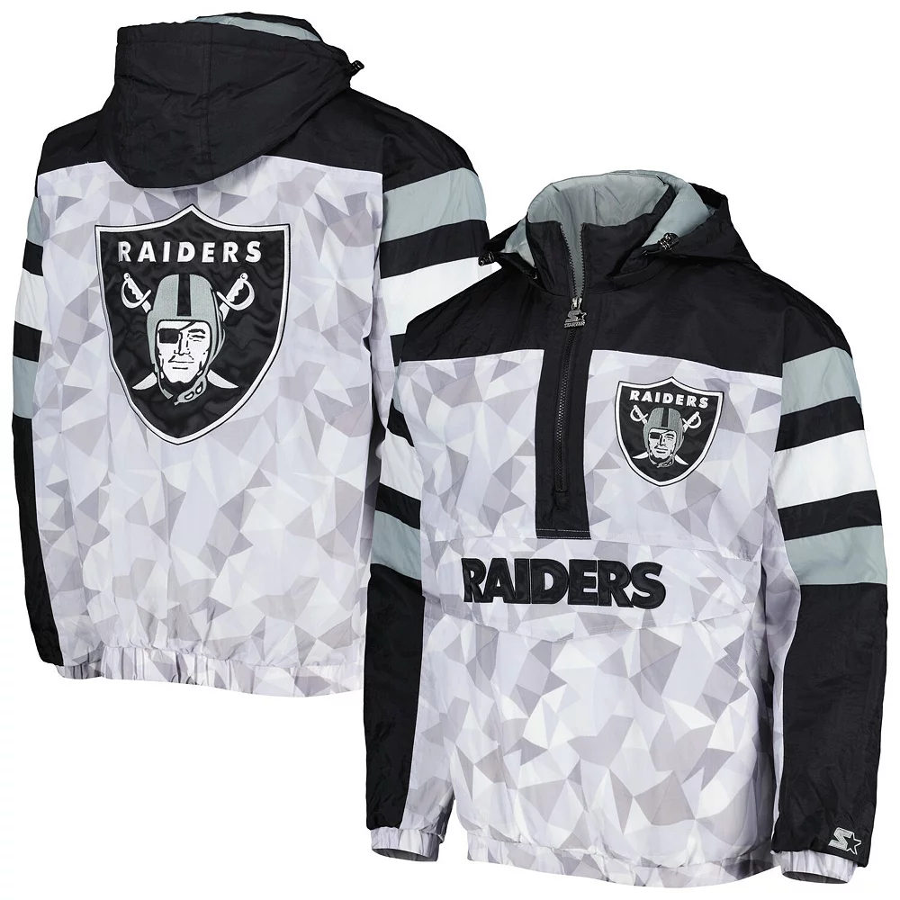 Men's Starter White/Black Las Vegas Raiders Thursday Night Gridiron Raglan Half-Zip Hooded Jacket 4 Men's Starter White/Black Las Vegas Raiders Thursday Night Gridiron Raglan Half-Zip Hooded Jacket - Image 2