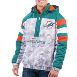 Men's Starter White/Aqua Miami Dolphins Thursday Night Gridiron Raglan Half-Zip Hooded Jacket