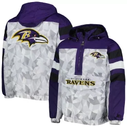 Men's Starter White/Purple Baltimore Ravens Thursday Night Gridiron Raglan Half-Zip Hooded Jacket