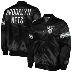 Men's Starter Black Brooklyn Nets Pick & Roll Satin Full-Snap Varsity Jacket