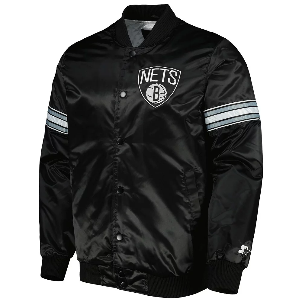 Men's Starter Black Brooklyn Nets Pick & Roll Satin Full-Snap Varsity Jacket 5 Men's Starter Black Brooklyn Nets Pick & Roll Satin Full-Snap Varsity Jacket - Image 3