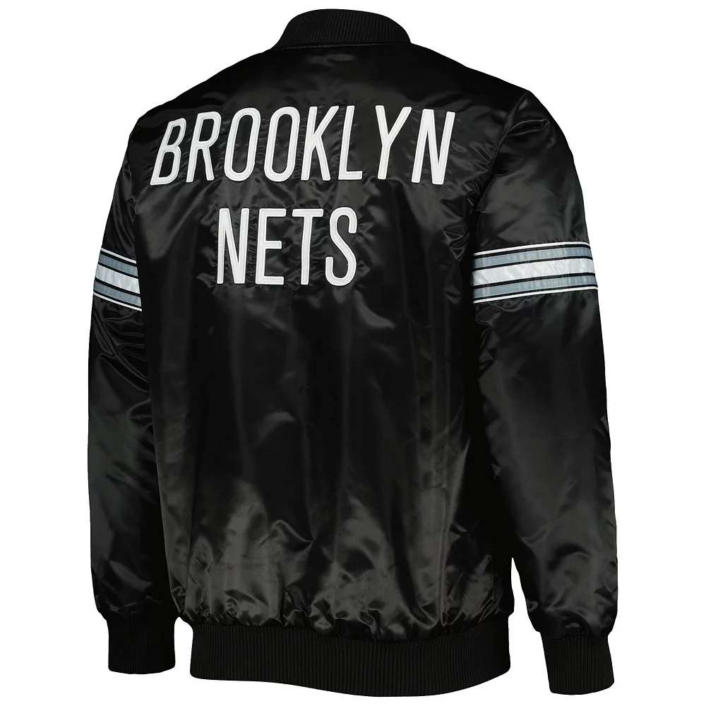 Men's Starter Black Brooklyn Nets Pick & Roll Satin Full-Snap Varsity Jacket 6 Men's Starter Black Brooklyn Nets Pick & Roll Satin Full-Snap Varsity Jacket - Image 4
