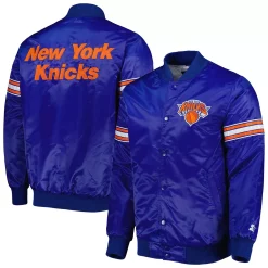 Men's Starter Blue New York Knicks Pick & Roll Satin Full-Snap Varsity Jacket