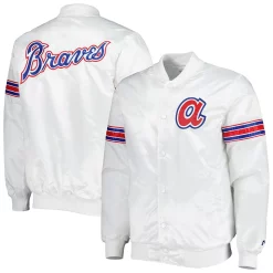 Men's Starter White Atlanta Bravess Power Forward Satin Full-Snap Varsity Jacket