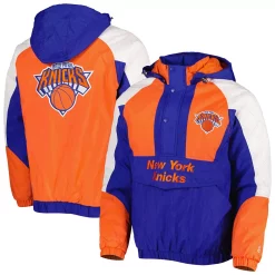 Men's Starter Royal New York Knicks Body Check Raglan Hoodie Half-Zip Jacket